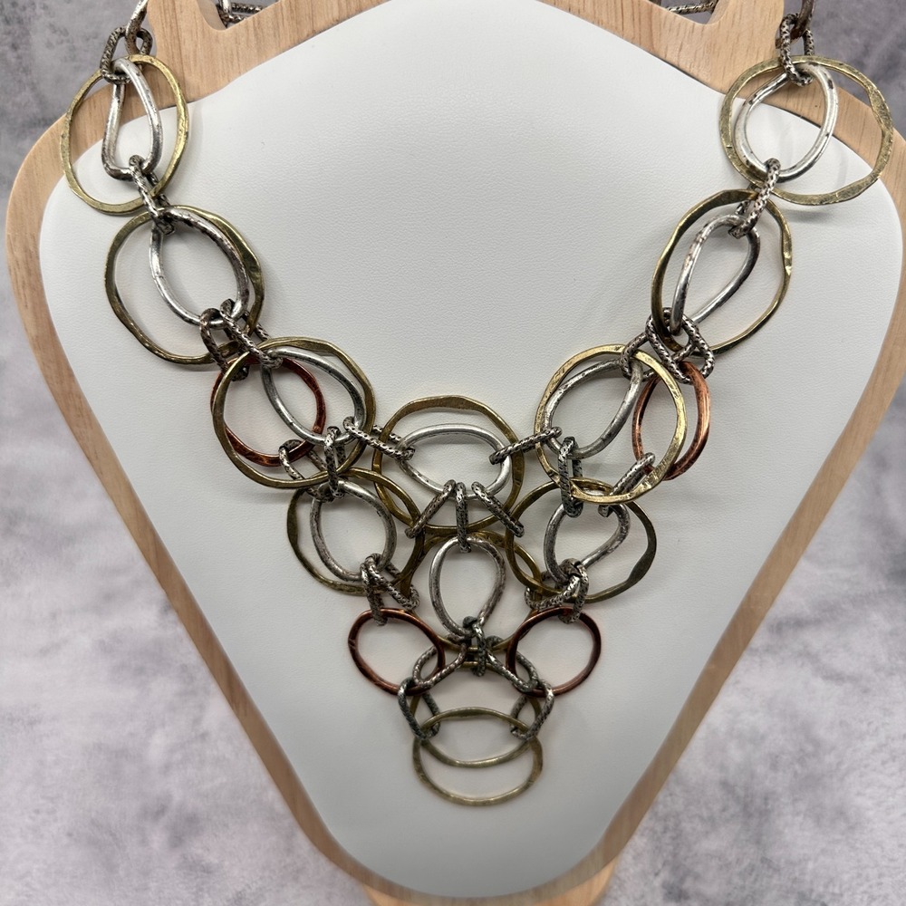 Mixed Metal Hammered Ring Link Necklace Silver Gold & Copper Tone Statement Boho